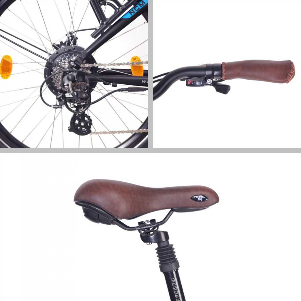 NCM Milano electric bike photos of saddle, rear wheel and handlebar grips