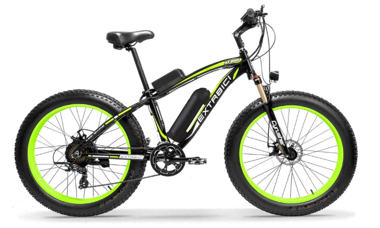 cyrusher xf660 electric fat bike in black and green colour scheme