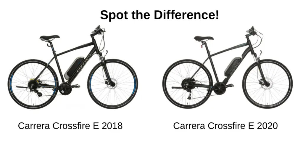There's not a lot of difference between the 2018 and 2020 Carrera Crossfire electric bike carrera crossfire electric hybrid bike 2018 and 2020 model side by side comparison