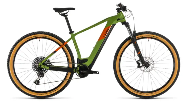 It may not be everyone's cup of tea, but I personally love this colour scheme! cube reaction ex625 electric mountain bike in green with gumwall tyres