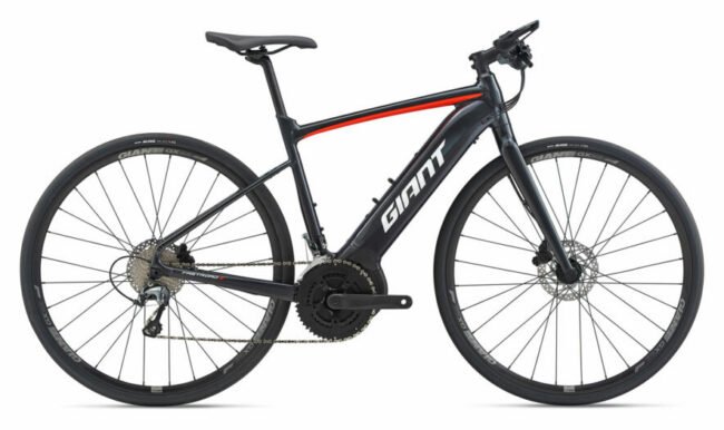 The Giant FastRoad E+ 2 Pro looks great in the charcoal black colour scheme giant fastroad e +2 pro flat bar electric road bike review