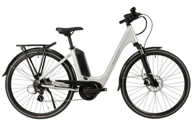 The Raleigh Motus Step Thru Electric Bike in Pearl White raleigh motus low step electric hybrid bike in white