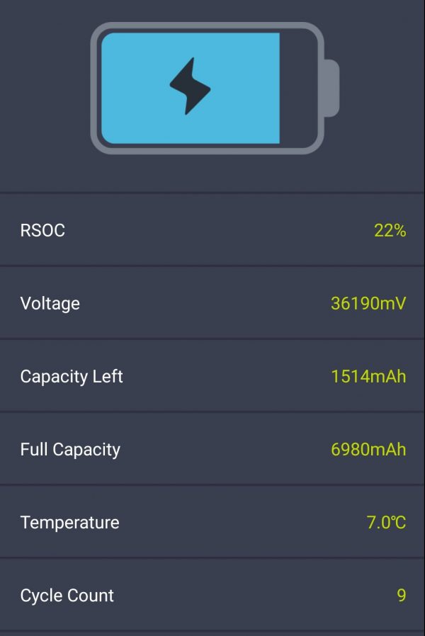 pagina di stato della batteria dell'app bafang go